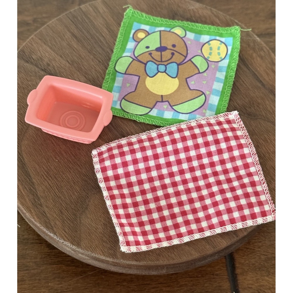 Fisher Price Loving Family Pink Laundry Basket Red Gingham & Bear Blankets